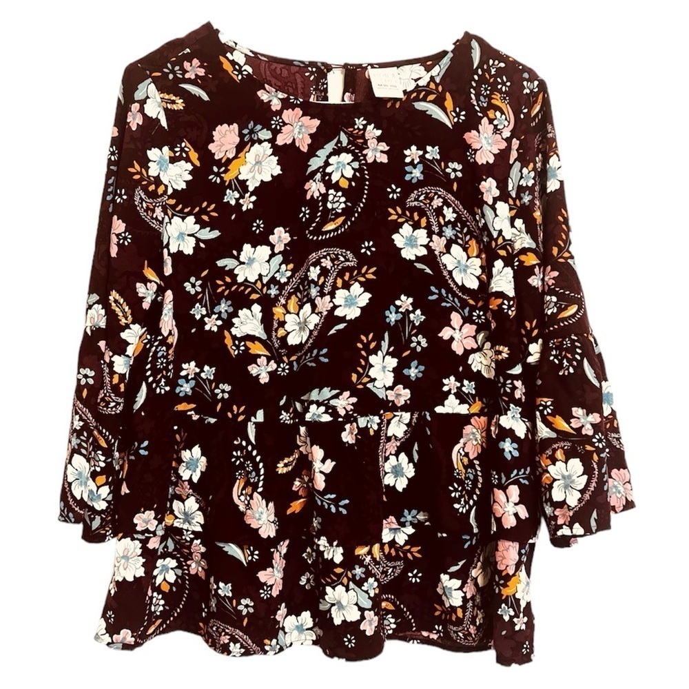2/$15 Time & Tru - Maroon Floral Long Sleeve Peplum Blouse – Size M